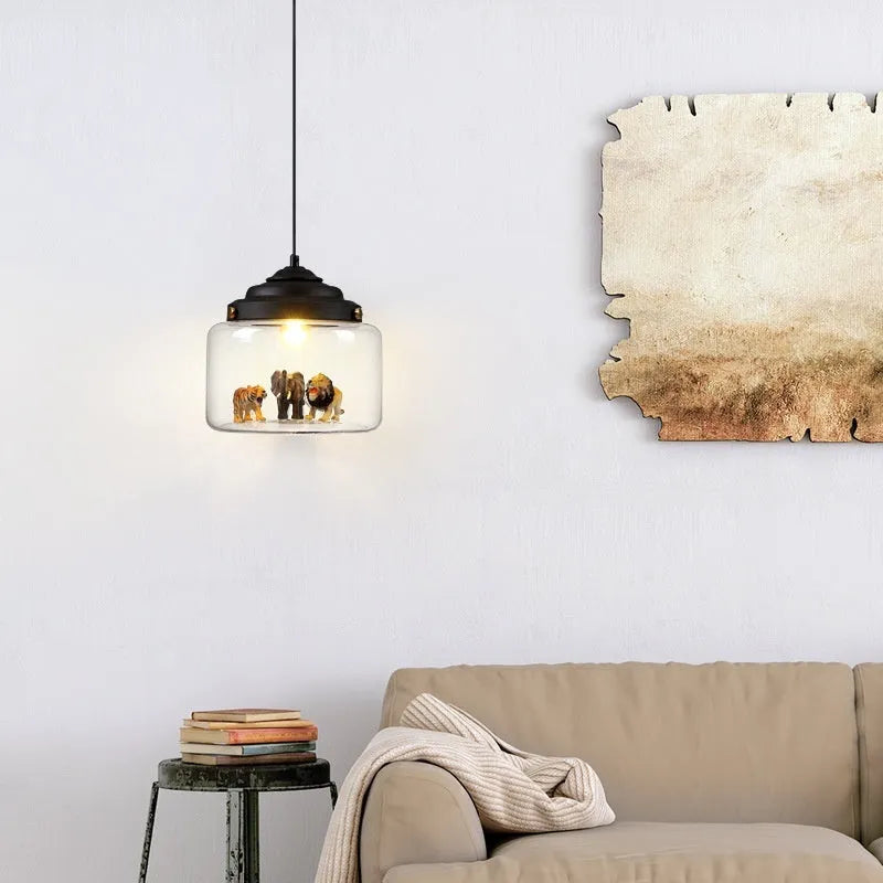 Animal cartoon glass chandelier in Nordic style with iron droplight base, available in Moon White and Charming Black