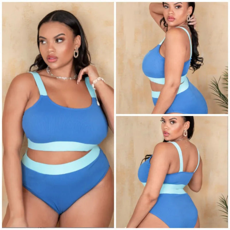 Women's polyester bikini set with high-waist briefs featuring contrasting stitching in solid colour