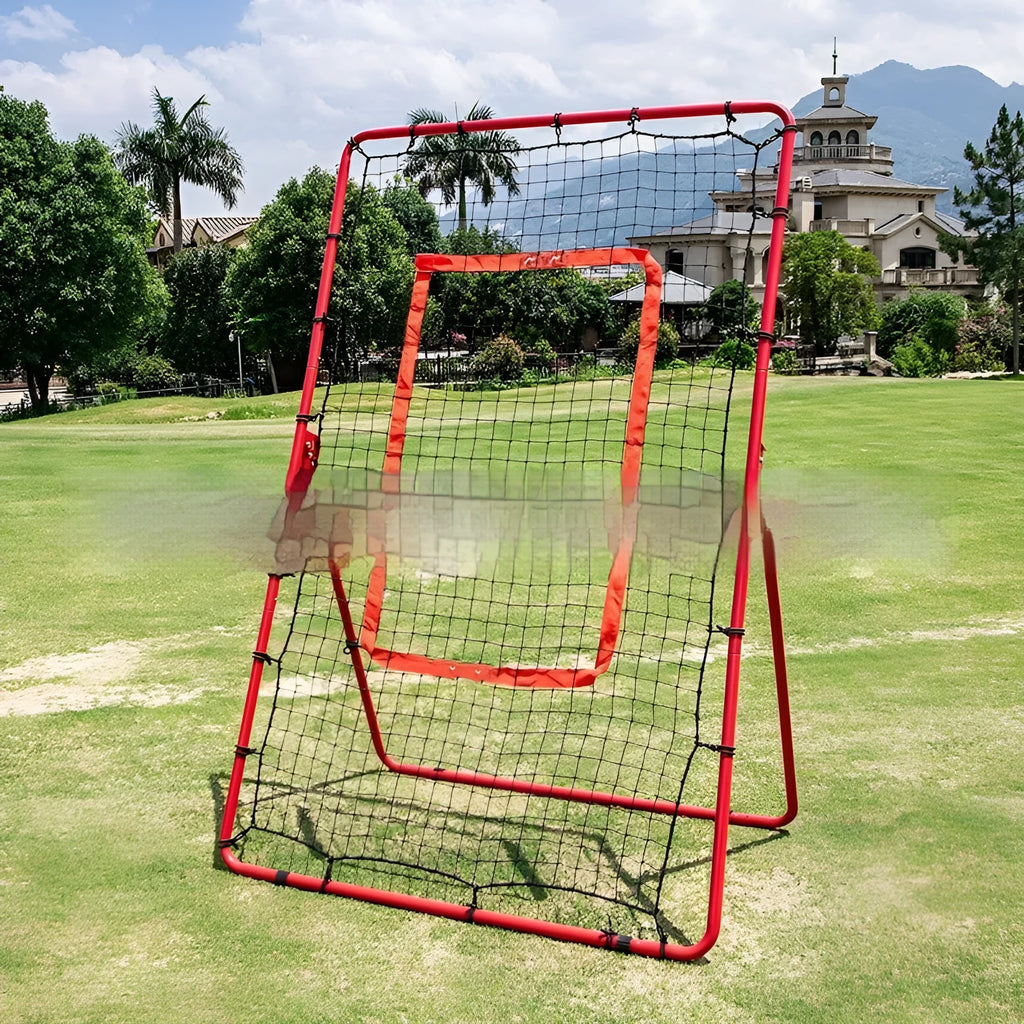 Red portable baseball training net with adjustable 4x6 foot metal frame folded to 95x16x14.5cm