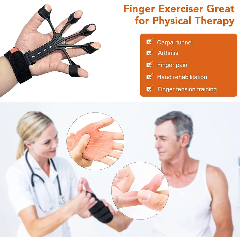 Black and grey silicone finger trainer with adjusting belt for rehabilitation and abdominal exercises.