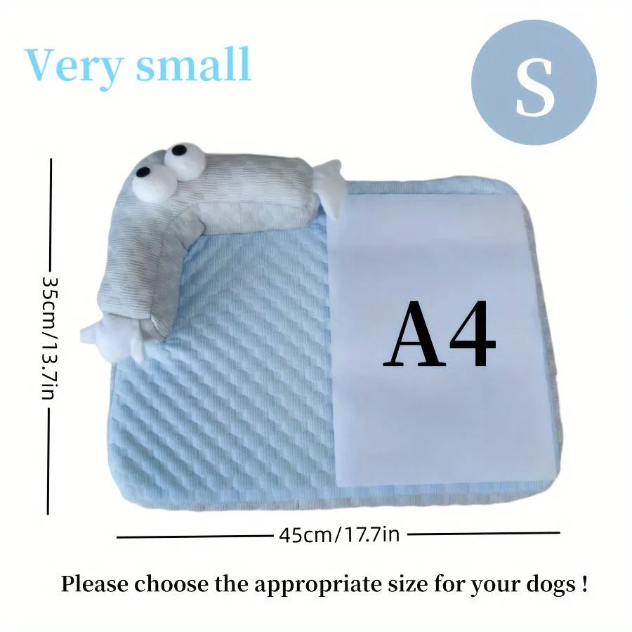Blue big-eyed monster design pet bed for dogs and cats on a wooden floor.