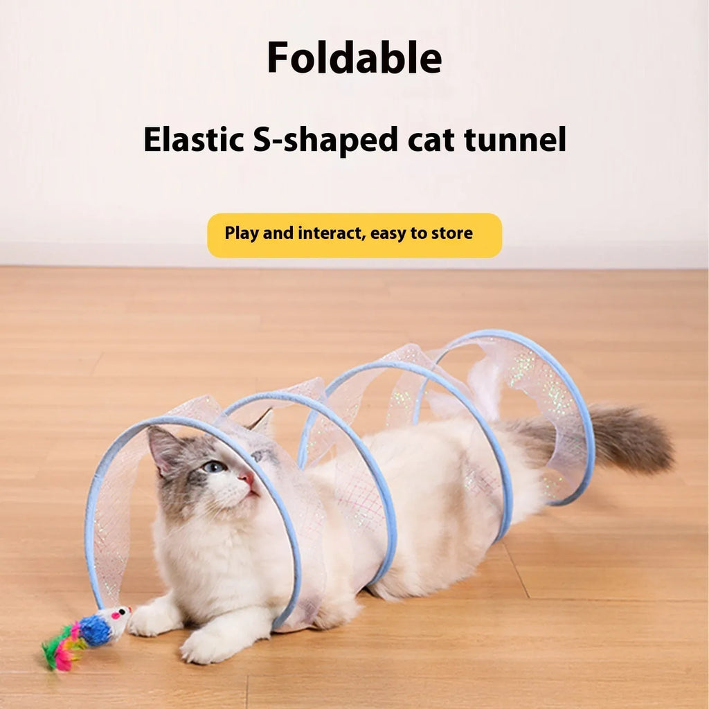 Bendable S-type cat tunnel toy with elastic net and feather lures on a flexible steel wire frame.