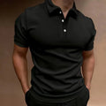 Men's loose-fit short sleeve button t-shirt in grey cotton blend fabric on a hanger.