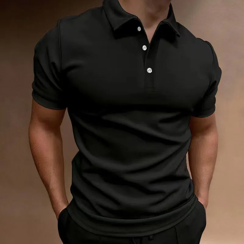 Men's loose-fit short sleeve button t-shirt in grey cotton blend fabric on a hanger.