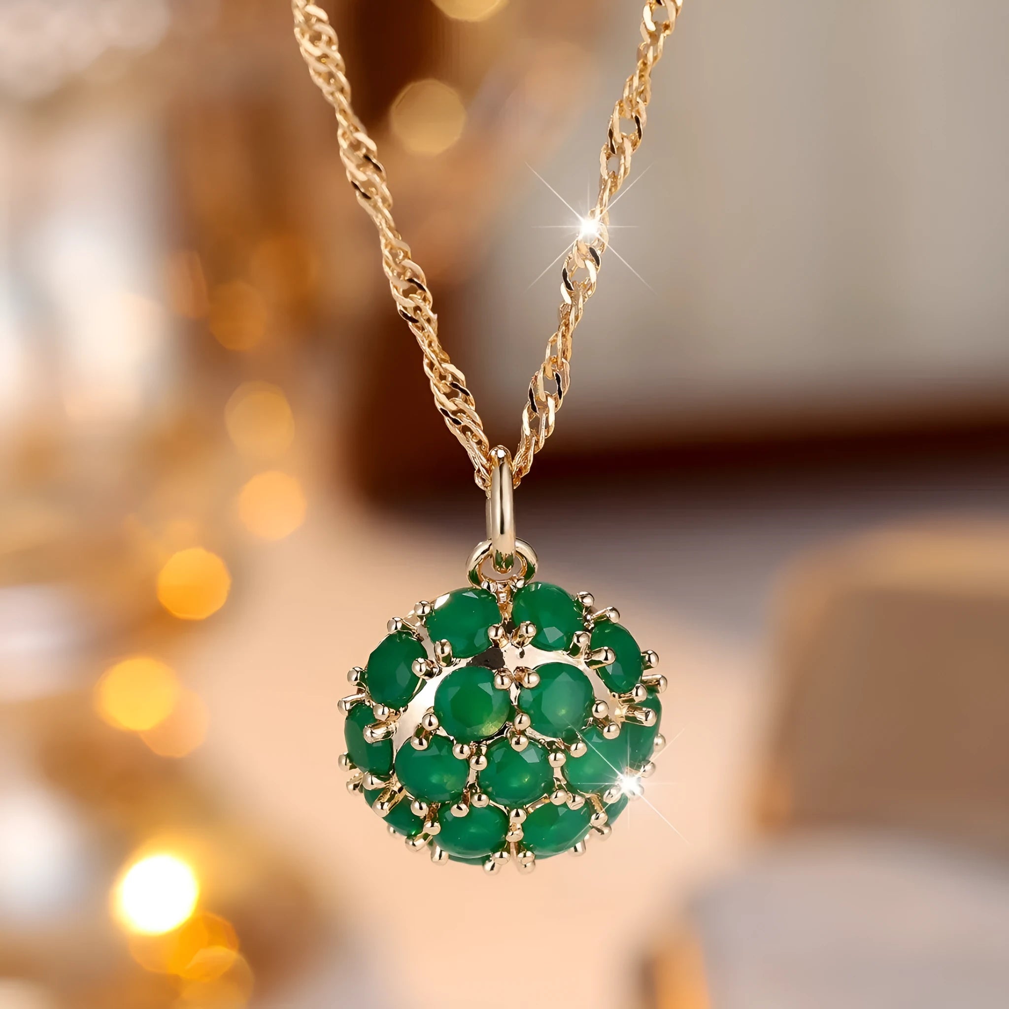 Women's gold plated copper necklace with emerald diamond geometric pendant on adjustable chain