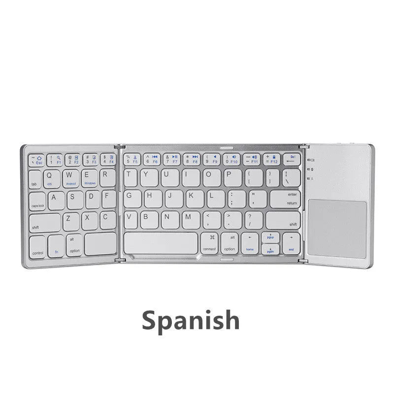 Tri-fold folding Bluetooth keyboard shown both open and closed, with integrated touchpad