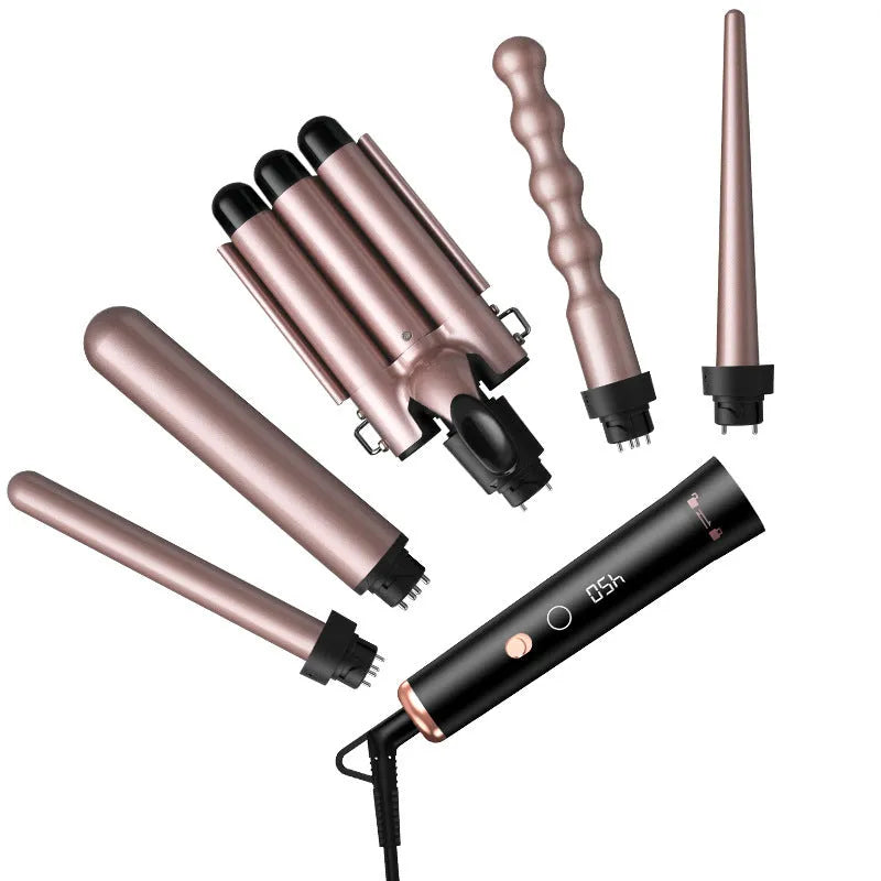 Rose gold tube replacement hair curler with LCD screen display and five styling functions