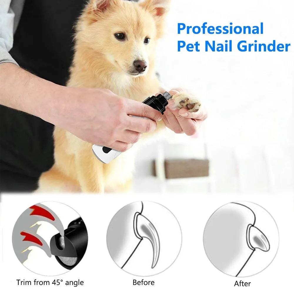 White handheld electric dog nail grinder with LCD display showing speed settings and dust collection compartment