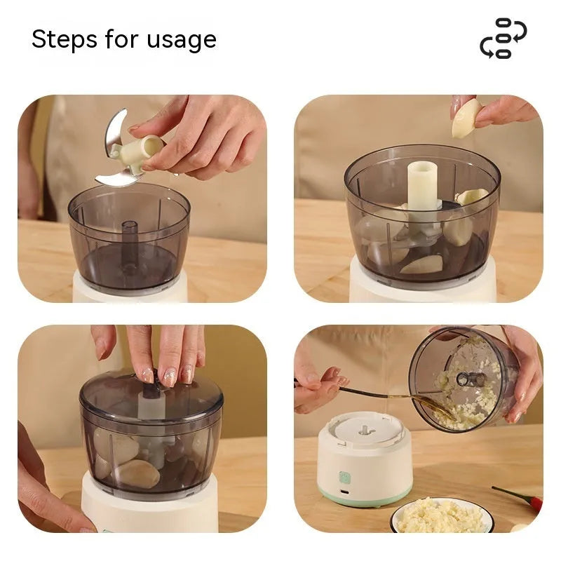 Mini electric meat grinder with transparent 225ml cup, stainless steel blades, USB charging port in white or light green