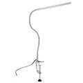 Silver aluminium LED nail lamp with long adjustable arm and clip mounting for workstation illumination