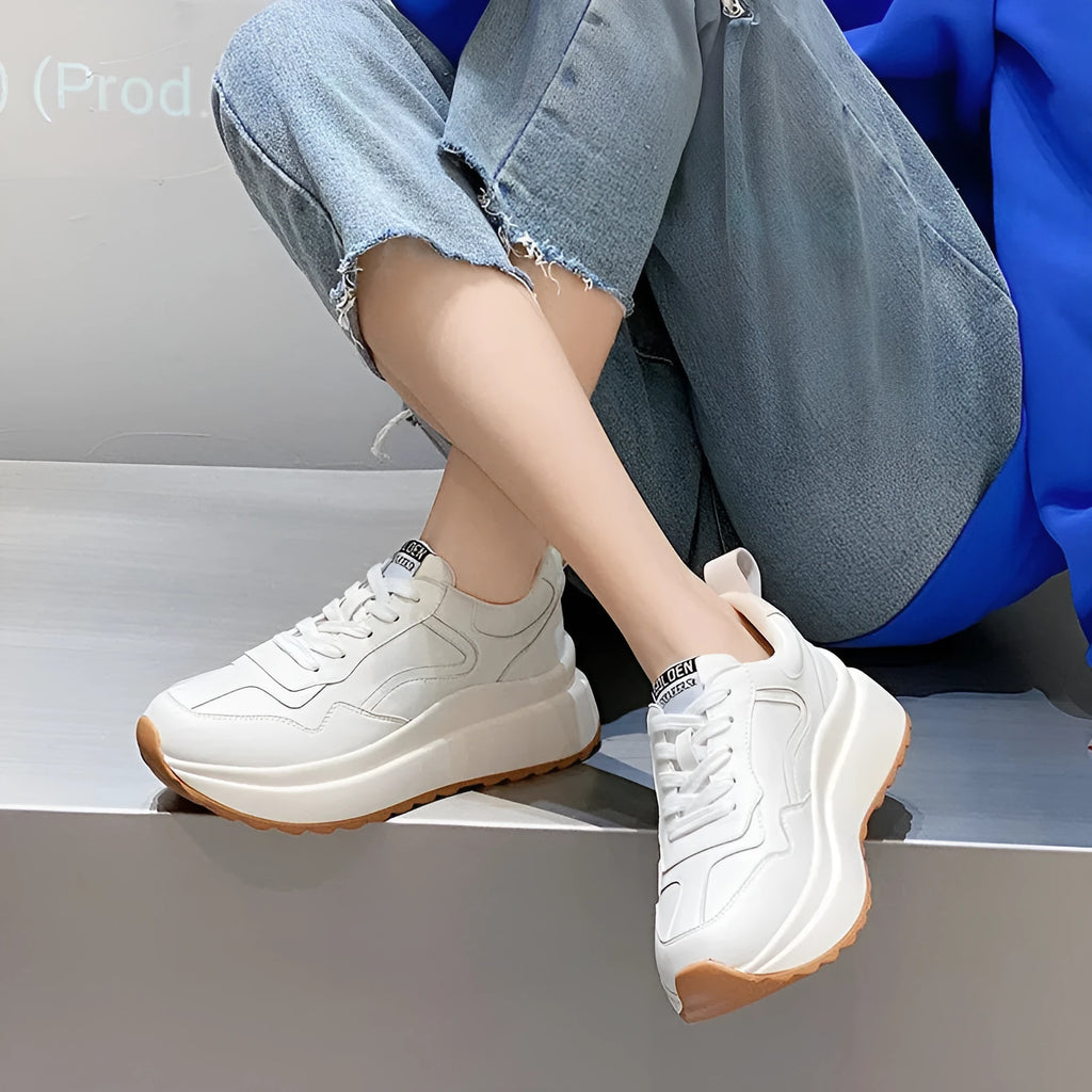 Women's white cowhide leather casual sports shoes with cross-strap and English muffin heel design