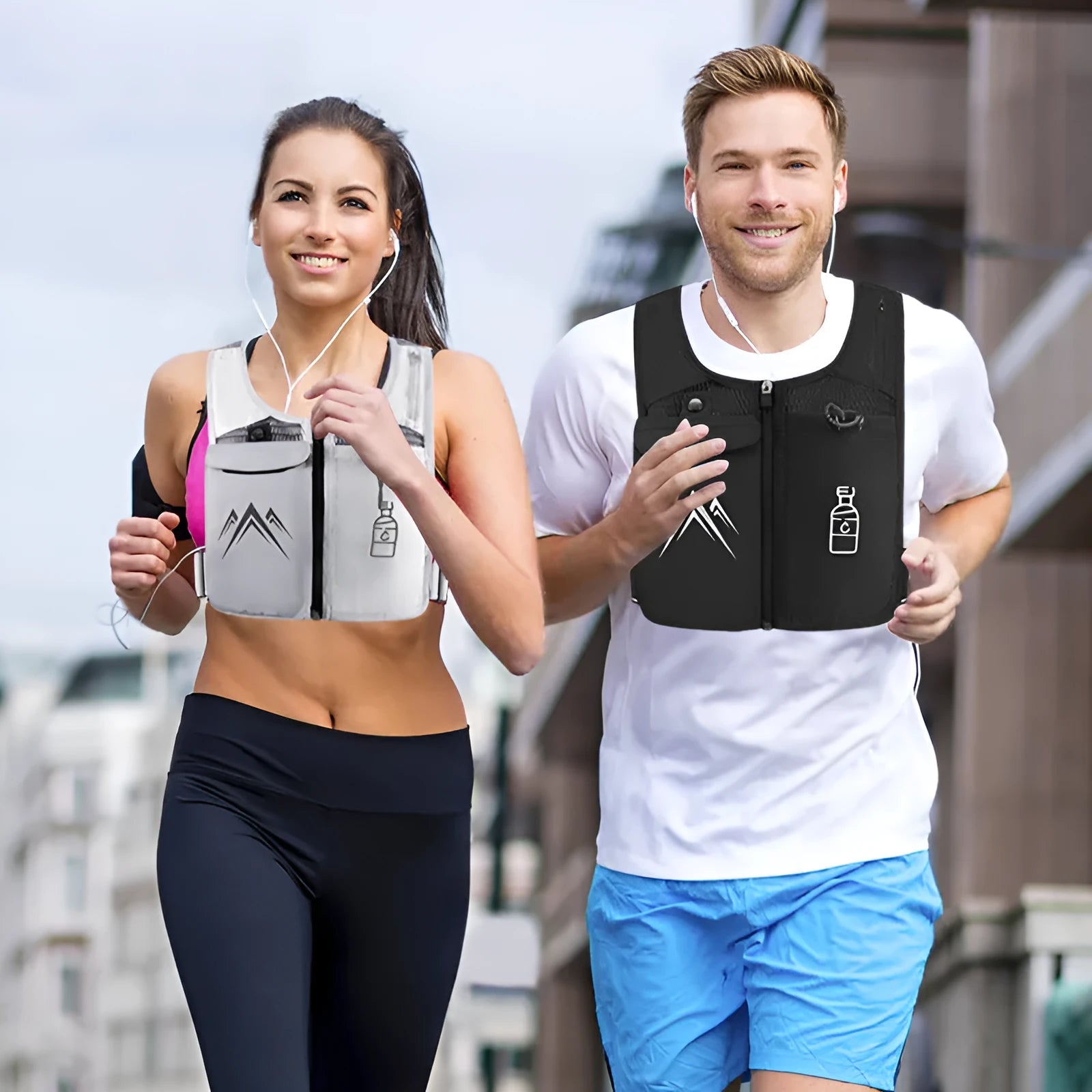Sports running vest with front mobile phone bag in breathable mesh fabric, shown in classic black colour.