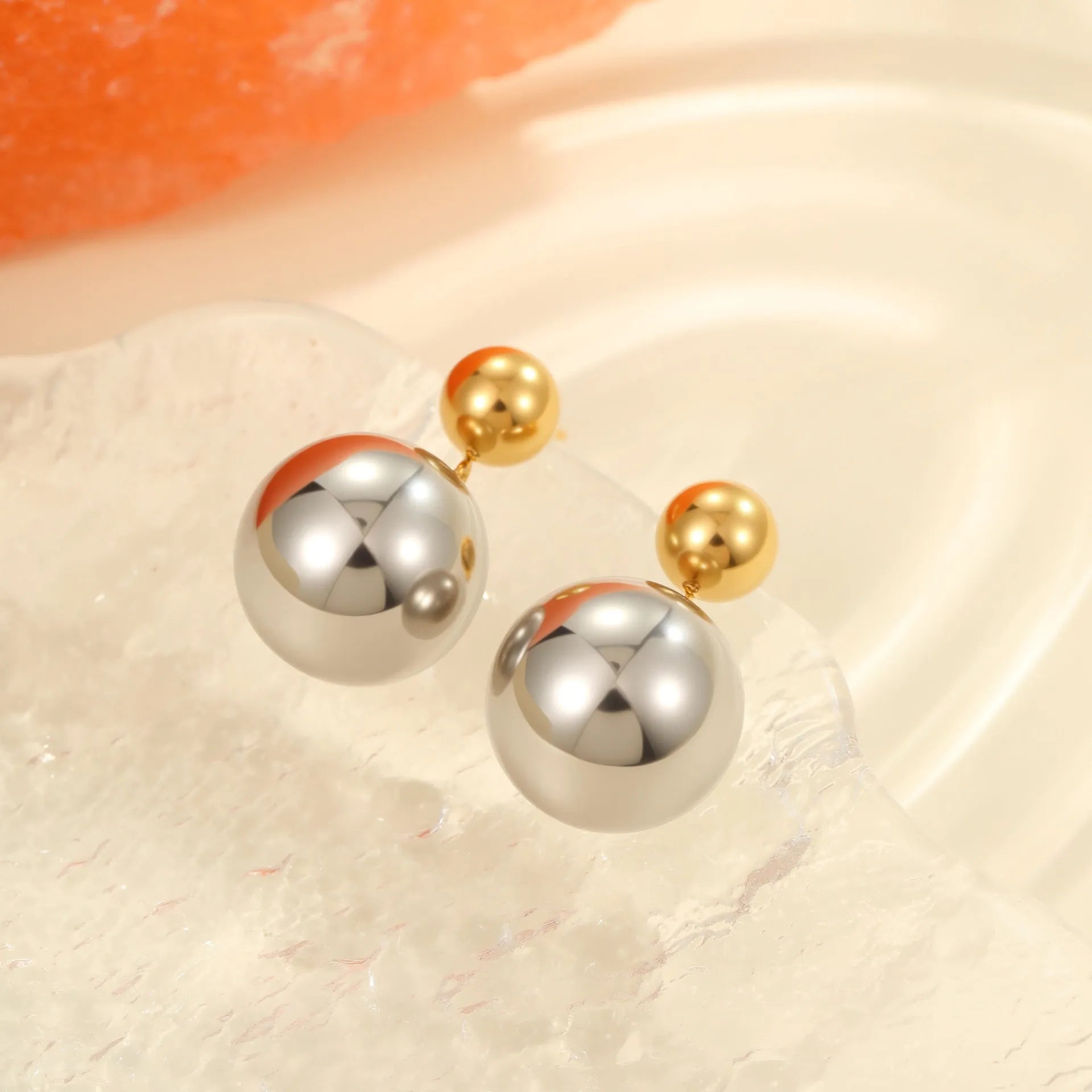 Women's stainless steel colour-block ear studs with round bead geometric design