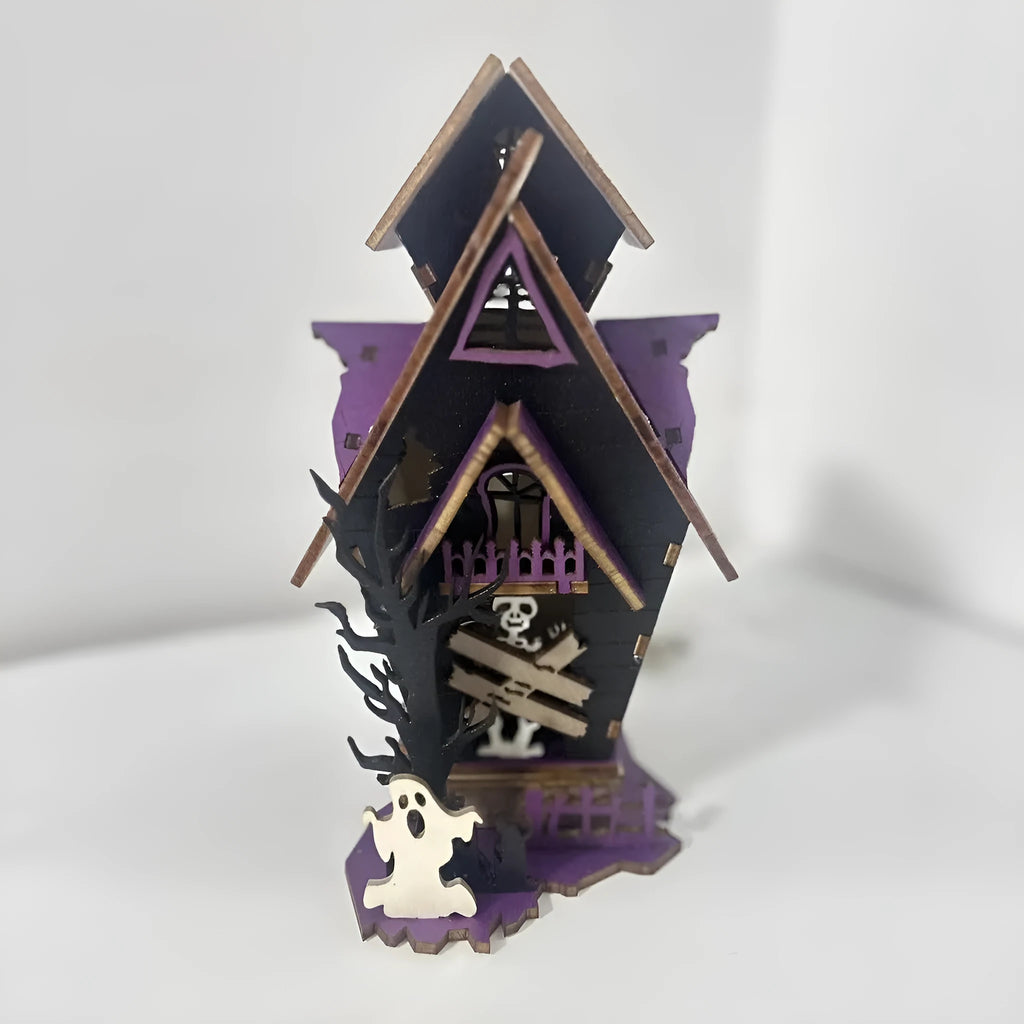DIY wooden haunted house Halloween table decoration with glowing effect measuring 14x10.5x19cm
