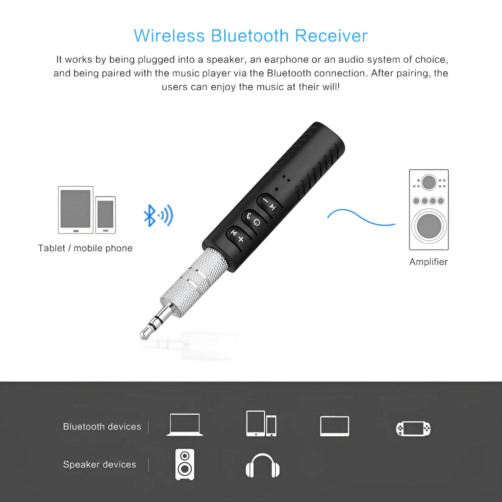 Black plastic Bluetooth audio receiver with 3.5mm plug and Mini USB port, 1.4 x 1.5 x 5.8cm