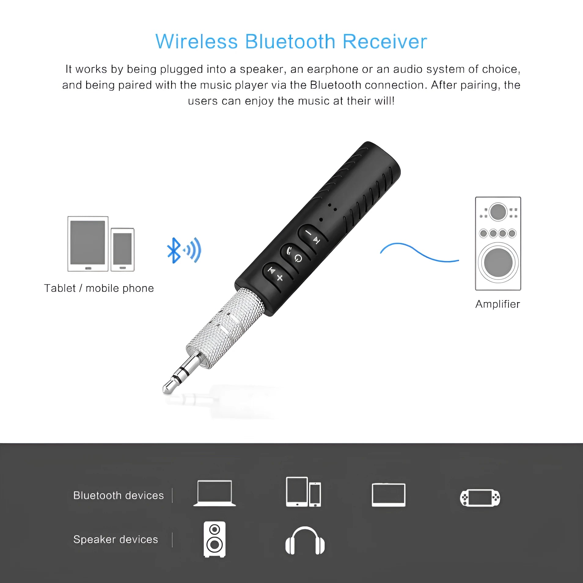 Black plastic Bluetooth audio receiver with 3.5mm plug and Mini USB port, 1.4 x 1.5 x 5.8cm