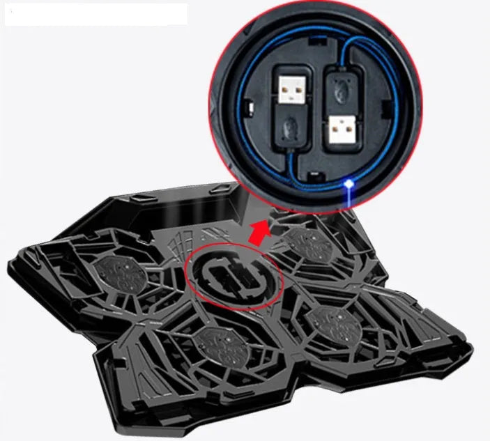Blue computer cooling base with four LED fans and two USB ports for desktop cooling