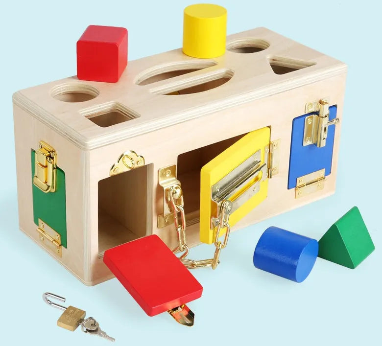 Wooden educational shape sorting lock box toy with coloured blocks for preschool children.