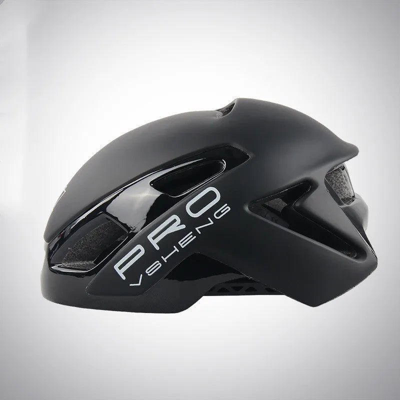 Road bicycle safety helmet in black with ventilation holes, adjustable buckle, and high density EPS foam and PC shell