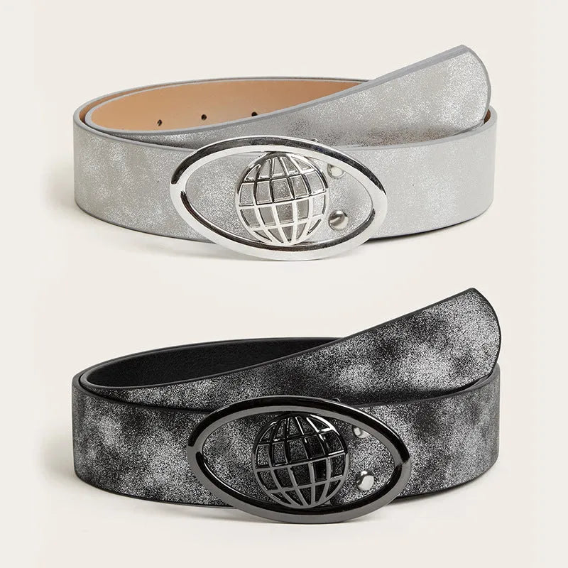 Retro thick women's belt with oval buckle in earth grey white colour