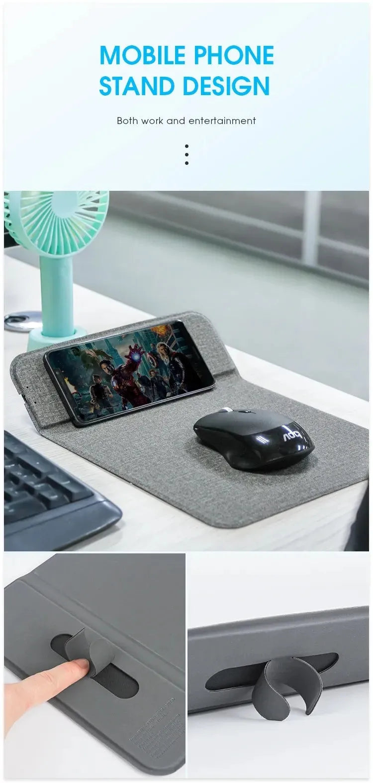Foldable cloth phone holder with integrated wireless charging pad shown open and closed.