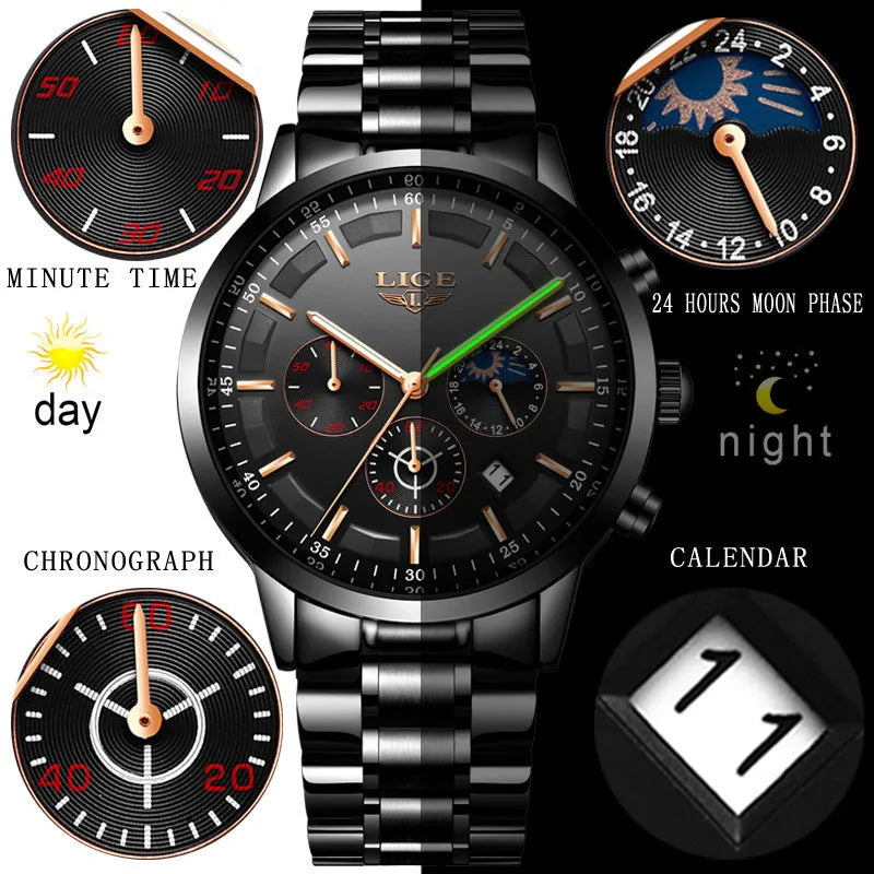 Men's waterproof quartz sports watch with 12mm thickness in black and rose red gold colour option