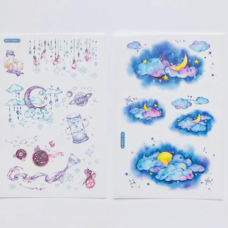 Hand account sticker set with fantasy stars design on Japanese paper, measuring 10.5 by 14.1 cm