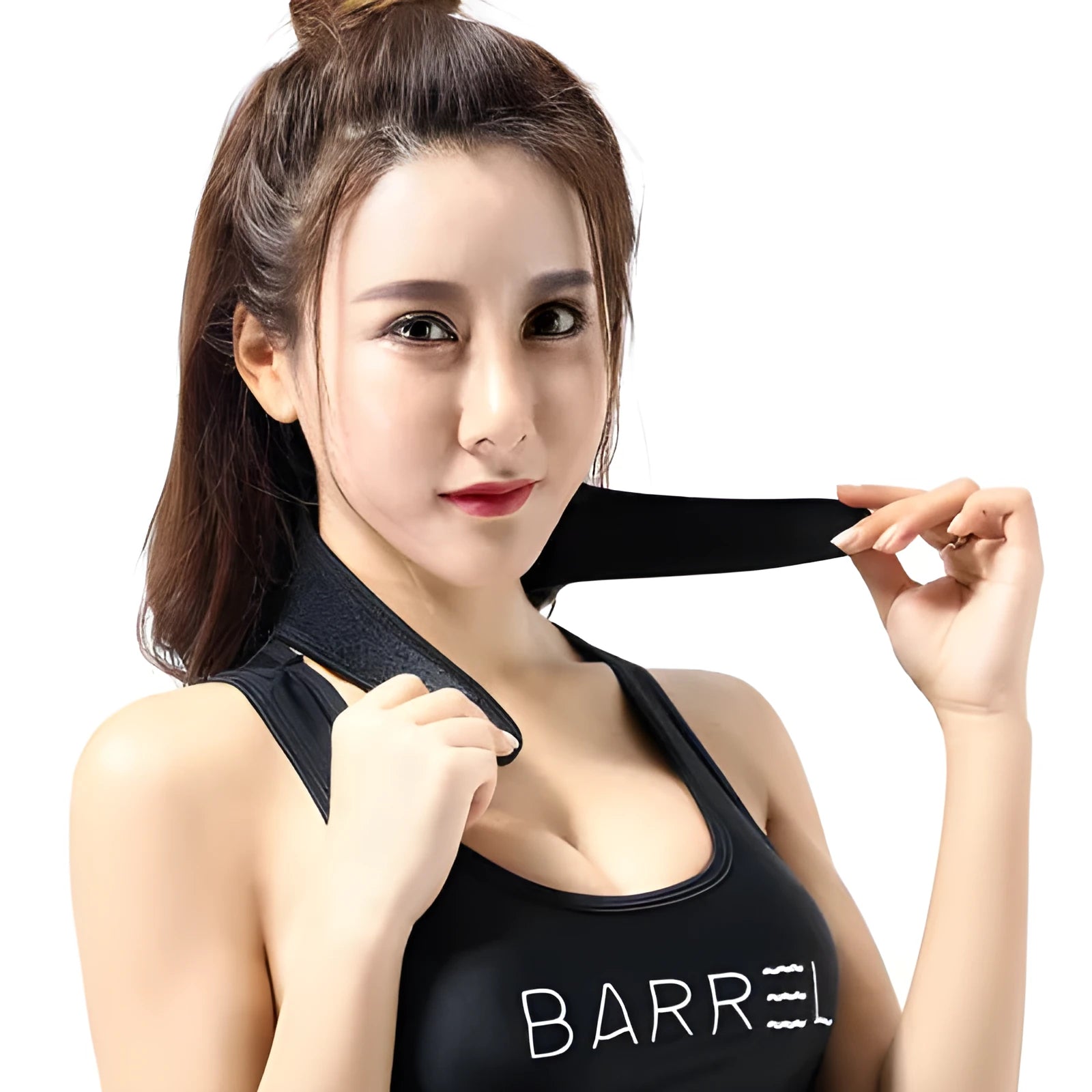 Black self-heating magnetic therapy neck guard with adjustable strap laid flat.