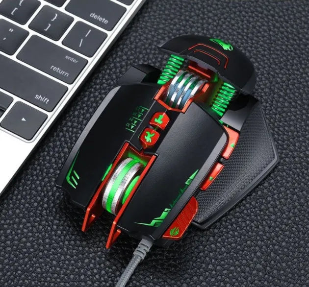 Thunder Wolf V9 black wired gaming mouse with six buttons on desk