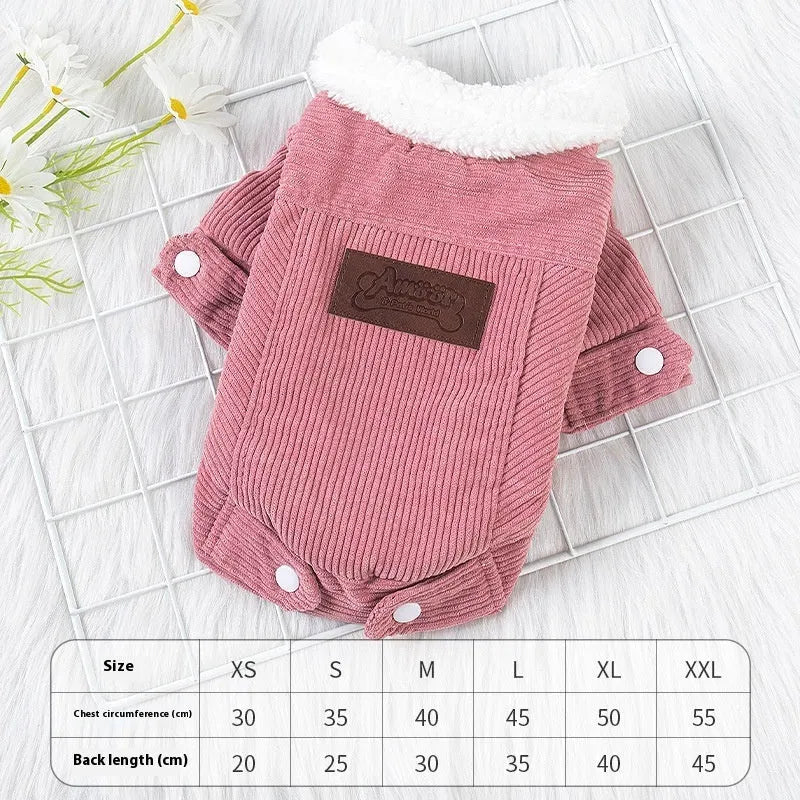 Grey lambswool fleece-lined dog vest for winter wear on a canine model