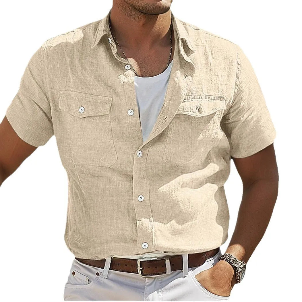 Men's linen cotton summer shirt in loose cardigan style with polo collar in solid colour options