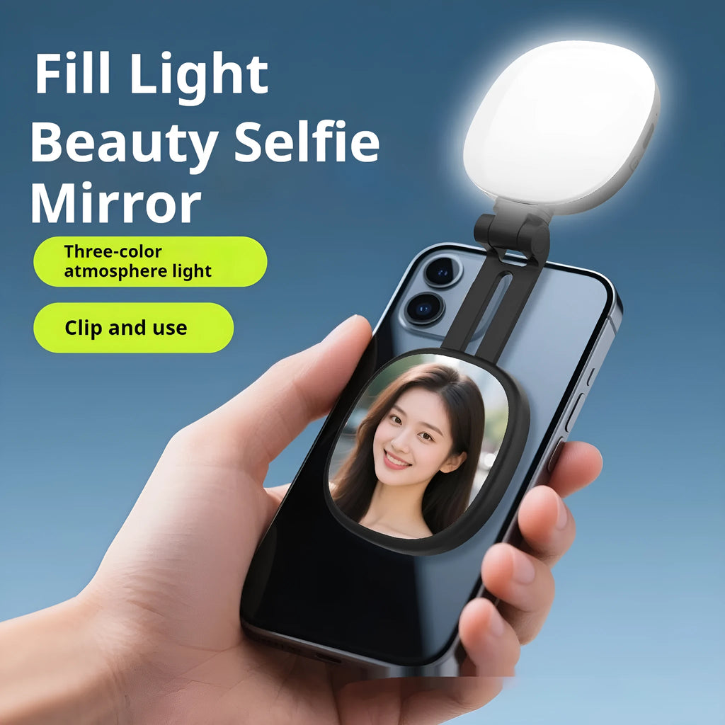 Black and white mobile phone magnetic fill light with adjustable colour temperature and phone holder