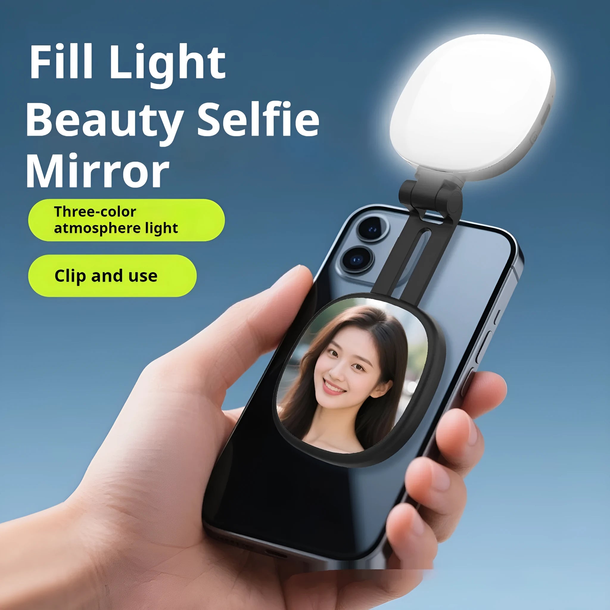 Black and white mobile phone magnetic fill light with adjustable colour temperature and phone holder