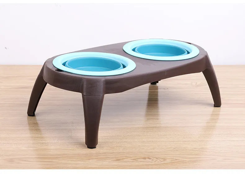 Folding pet double bowl in grey collapsed flat showing PP and TPR construction with two compartments