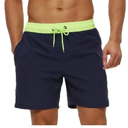 Men's blue athletic shorts with stitching waistband, drawstring and headband for running