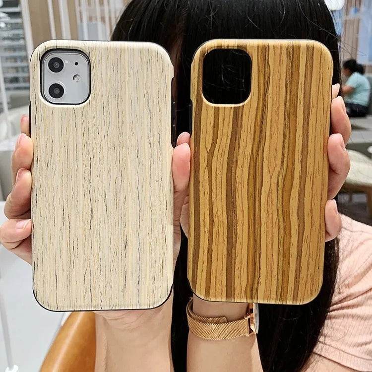 A simple wooden back cover case for an iPhone, shown in a rosewood finish.