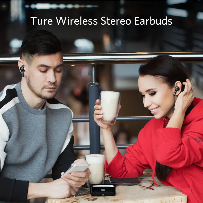 Black and white TWS wireless Bluetooth headphones with earbud design