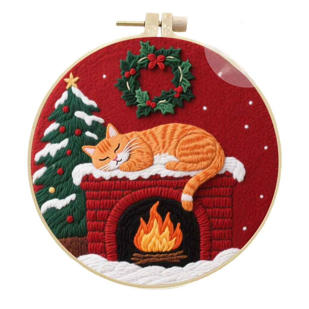 DIY cat embroidery kit with autumn fruit patterns on cotton and linen fabric including embroidery frame