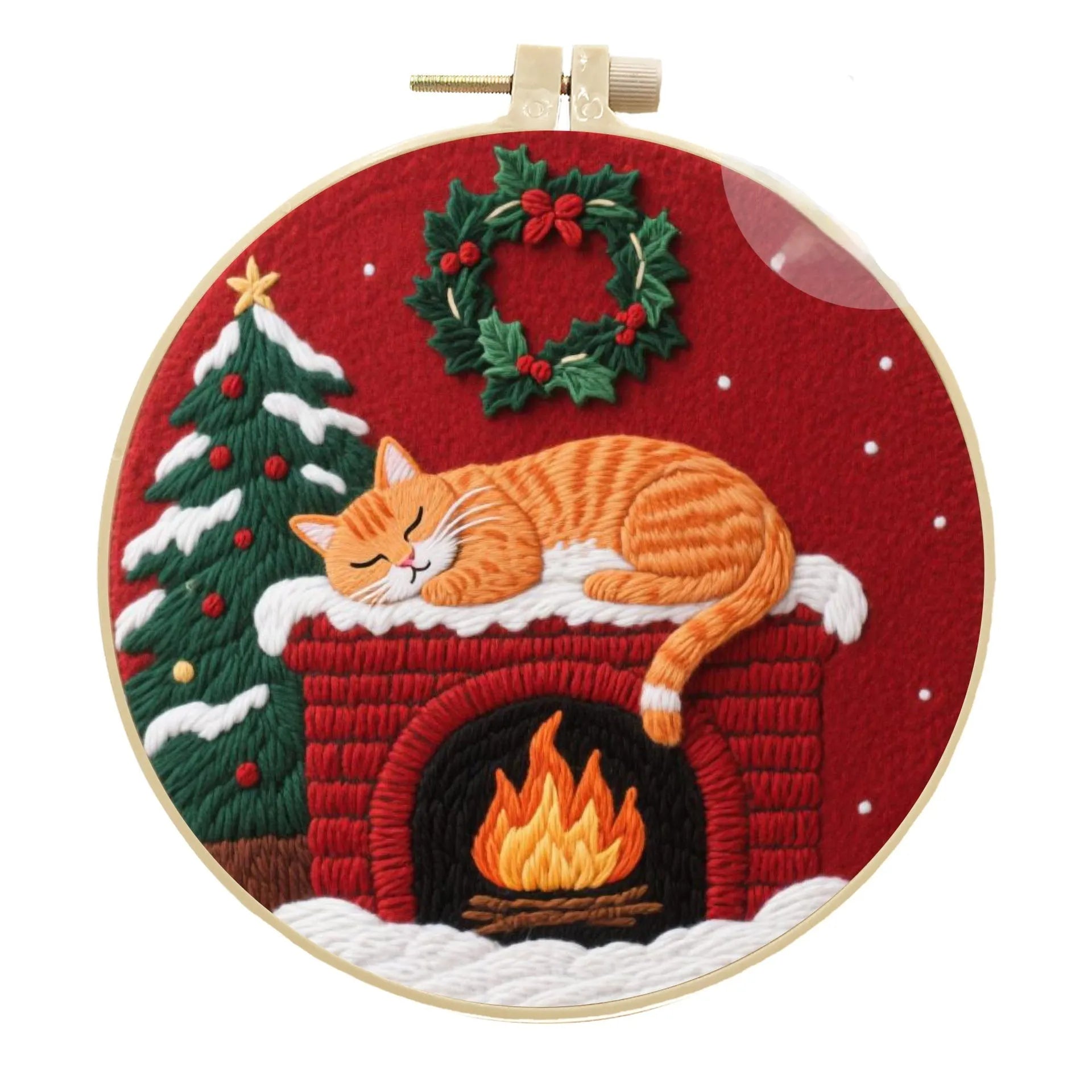 DIY cat embroidery kit with autumn fruit patterns on cotton and linen fabric including embroidery frame