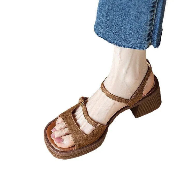 Women's open toe square toe retro platform sandals in brown colour showing PU upper and rubber sole construction