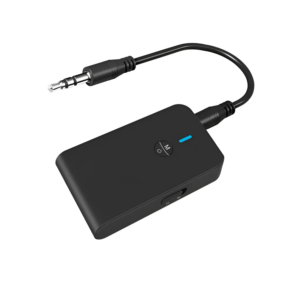Black Bluetooth 5.0 audio adapter with a 3.5mm plug and external power supply