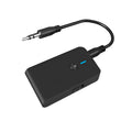 Black Bluetooth 5.0 audio adapter with a 3.5mm plug and external power supply