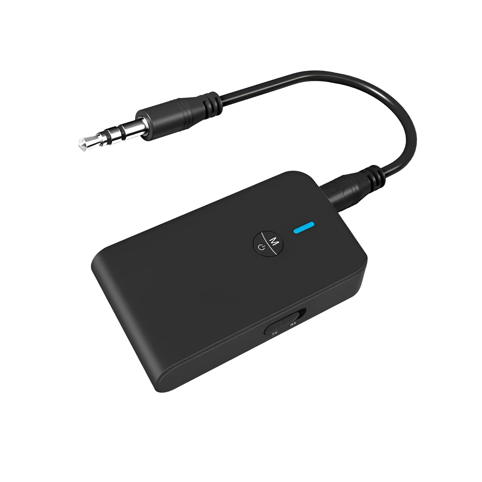 Black Bluetooth 5.0 audio adapter with a 3.5mm plug and external power supply