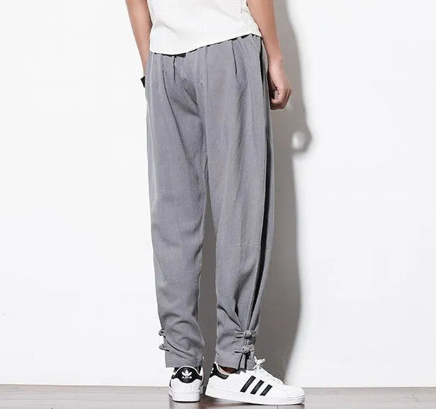 Men's linen harem pants in blue, loose vintage joggers with drawstring waist, sizes M to 5XL