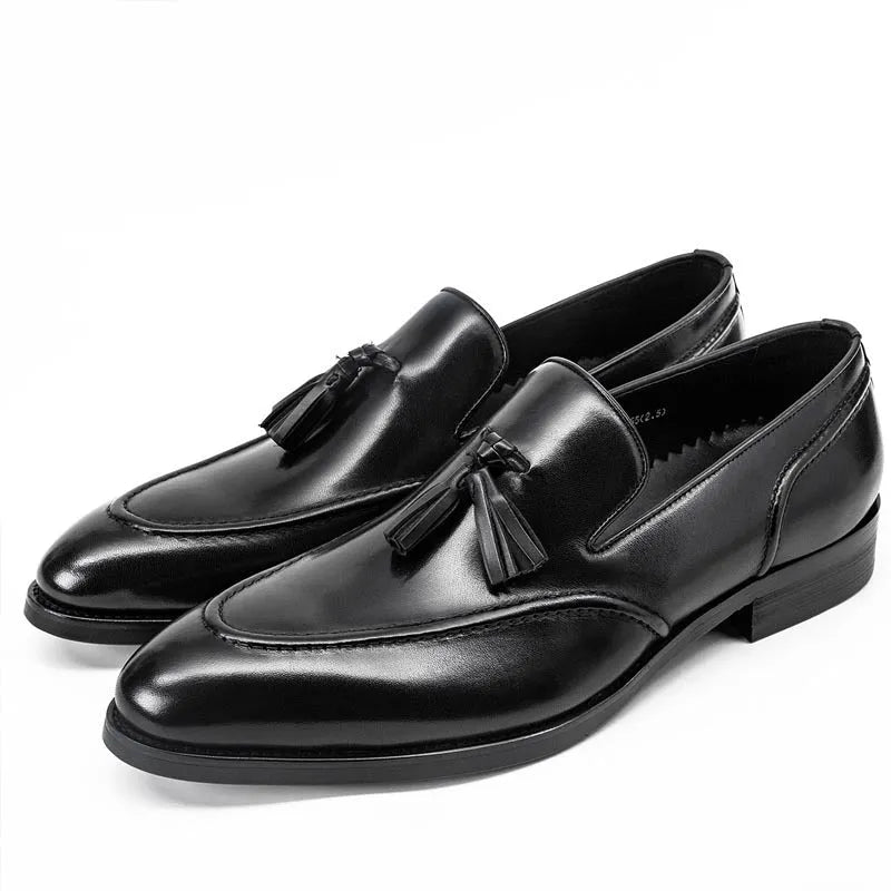 Men's business casual leather shoes with tassel detail, cowhide upper, black or brown, sizes 38-44