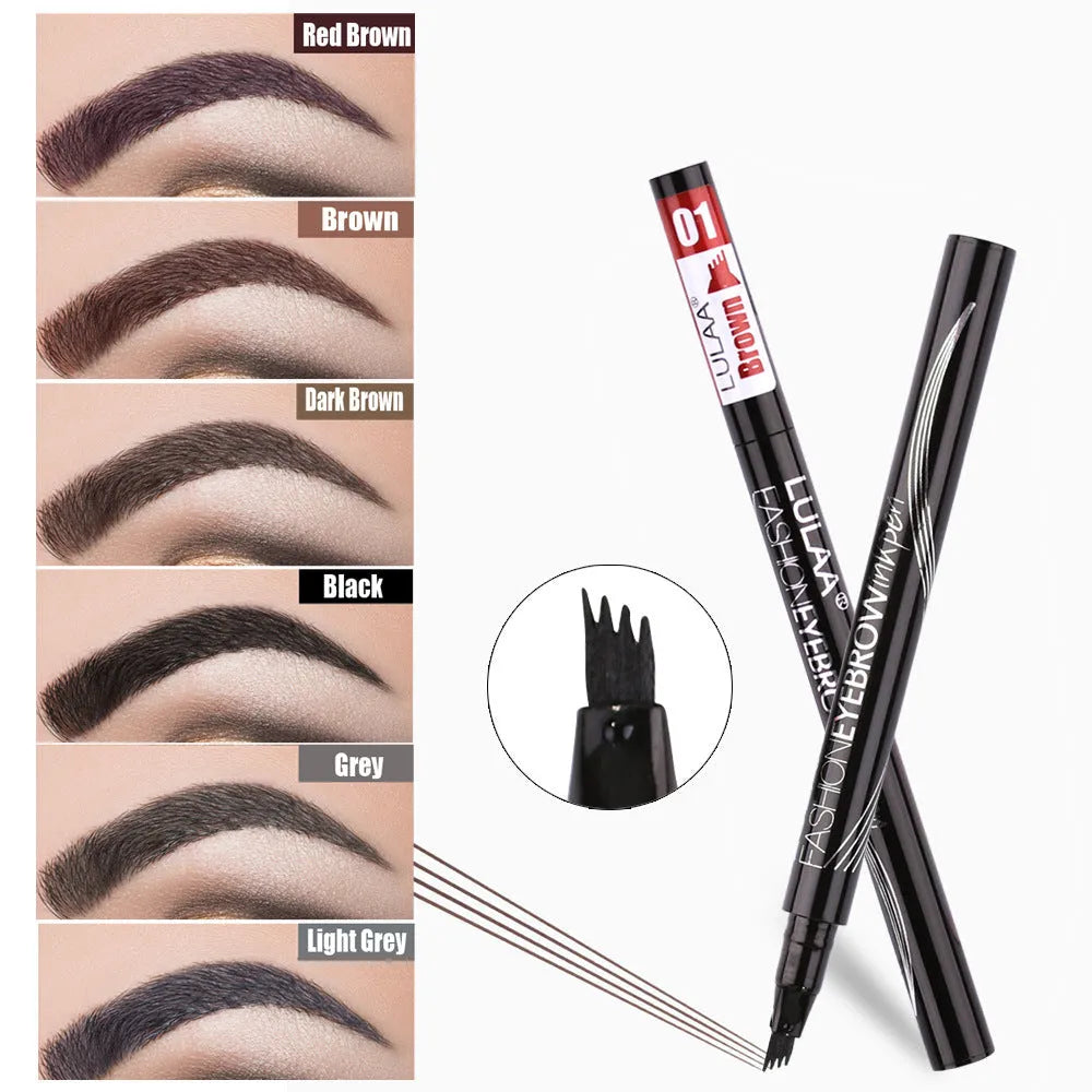 Liquid eyebrow pencil with black tube, four-claw pen head, and hard refill design in brown shade