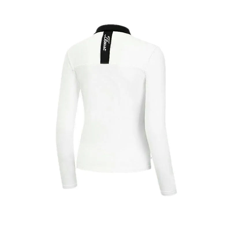 Women's white long sleeve slim fit polyester golf top for outdoor sports