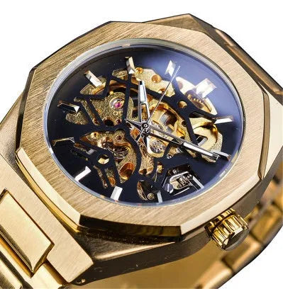 Men's mechanical automatic watch with skeleton dial, stainless steel case, and black genuine leather band on a white background