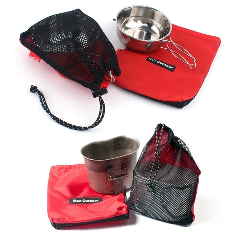 Set of five red Oxford cloth travel storage bags with mesh panels and zippers