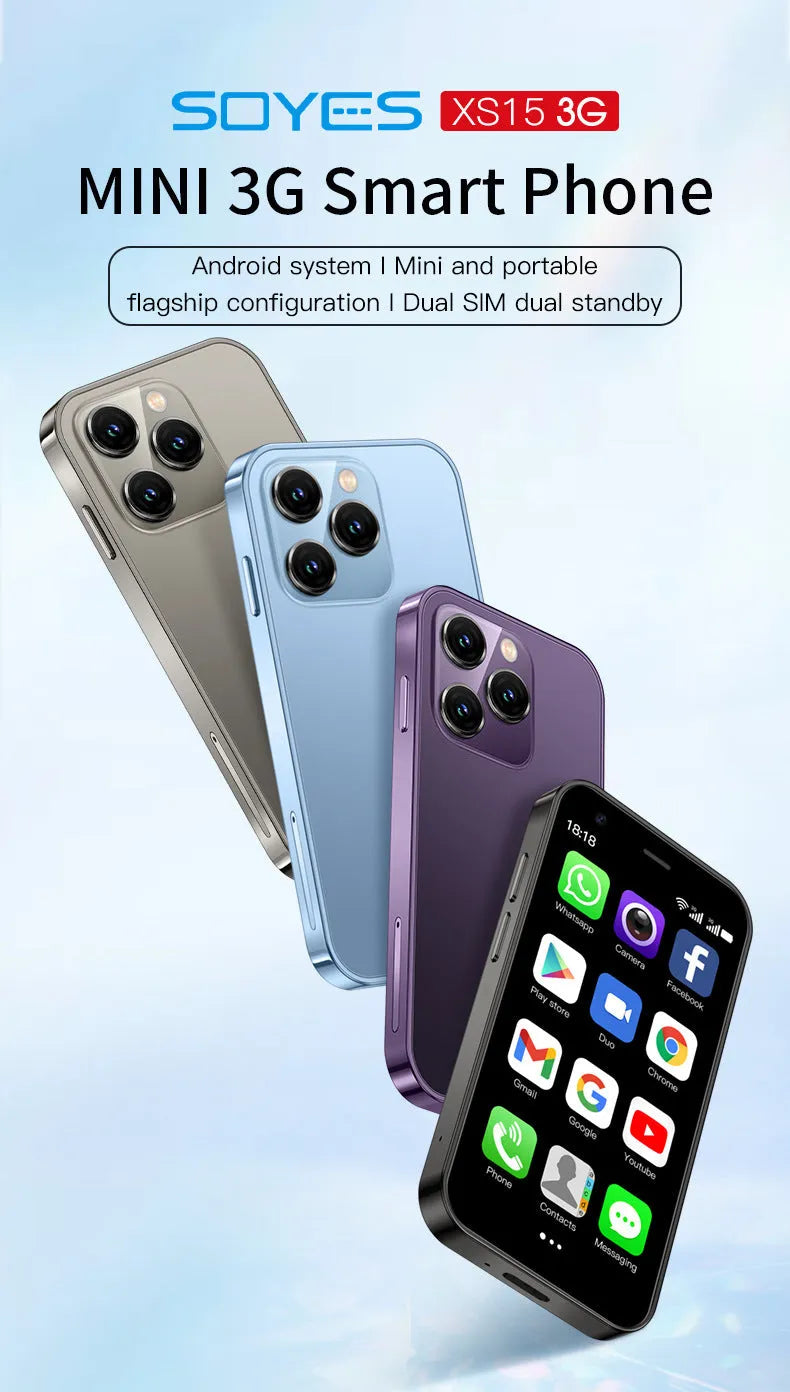 S23PRO XS15 mini smartphone in black, green and pink purple colours, showing straight plate design.